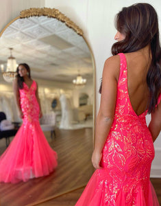 Sparkly Fuchsia Mermaid V Neck Long Prom Dress