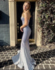 Grey Blue Mermaid Sequin Strapless Long Prom Dress