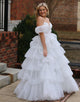 White A Line Strapless Puffy Sleeves Tiered Prom Dress With Slit