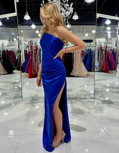 Royal Blue Mermaid Strapless Ruched Long Prom Dress With Slit