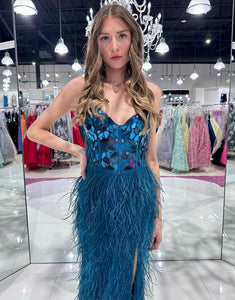Tea Blue Mermaid Cut Mirror Sequin Prom Dress With Feathers