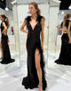 Black Mermaid Sequin V-Neck Long Prom Dress with Feathers