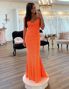 Orange Mermaid Spaghetti Strap Sequin Prom Dress