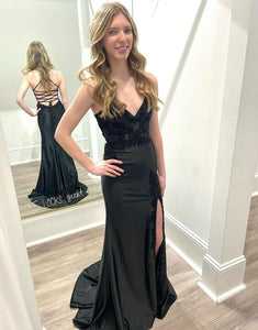 Black Mermaid V-Neck Lace-Up Long Prom Dress With Slit