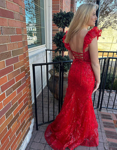 Red Mermaid Sweetheart Flutter Sleeve  Long Prom Dress With Appliques