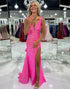 Hot Pink Sparkly Mermaid V Neck Sequins Long Prom Dresses with Slit