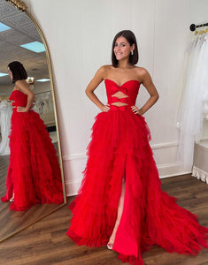 Red A Line Strapless Keyholes Ruffle Tiered Prom Dress With Slit
