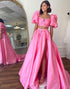 Pink A Line Square Bowknot Two Piece Long Prom Dress With Slit