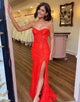Red Mermaid Strapless Corset Long Prom Dress With Slit