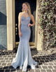 Grey Blue Mermaid Sequin Strapless Long Prom Dress