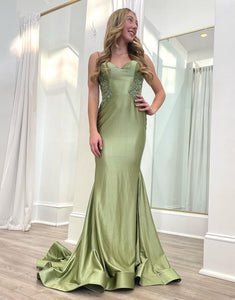 Sage Green Mermaid Spaghetti Strap Backless Long Prom Dress