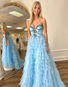 Sky Blue A Line Strapless Ruffle Tiered Long Prom Dress With Slit