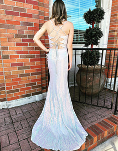 Silver Mermaid Sequin V-Neck Lace-Up Long Prom Dress With Feathers