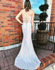 Silver Mermaid Sequin V-Neck Lace-Up Long Prom Dress With Feathers