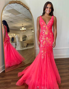 Sparkly Fuchsia Mermaid V Neck Long Prom Dress