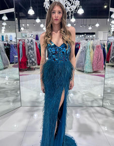 Tea Blue Mermaid Cut Mirror Sequin Prom Dress With Feathers