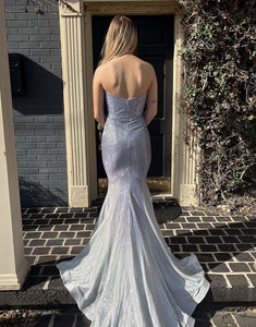 Grey Blue Mermaid Sequin Strapless Long Prom Dress