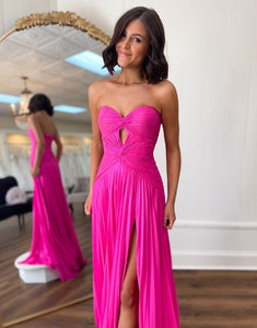 Hot Pink A Line Sweetheart Keyhole Pleated Prom Dress With Slit