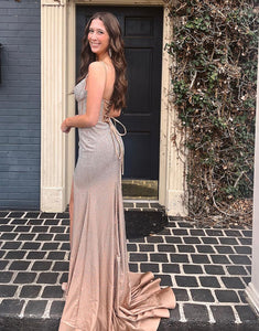 Sparkly Champagne Mermaid Sweetheart Long Prom Dress With Slit
