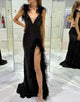 Black Mermaid Sequin V-Neck Long Prom Dress with Feathers