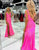 Hot Pink Sparkly Mermaid V Neck Sequins Long Prom Dresses with Slit
