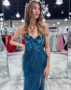 Tea Blue Mermaid Cut Mirror Sequin Prom Dress With Feathers