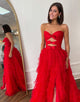 Red A Line Strapless Keyholes Ruffle Tiered Prom Dress With Slit