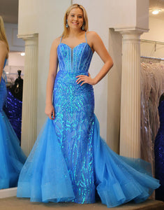 Blue Mermaid Sequin Lace Sweetheart Long Prom Dress