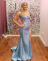 Sparkly Grey Blue Mermaid Spaghetti Straps Corset Long Prom Dress