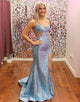 Sparkly Grey Blue Mermaid Spaghetti Straps Corset Long Prom Dress