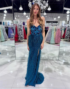 Tea Blue Mermaid Cut Mirror Sequin Prom Dress With Feathers