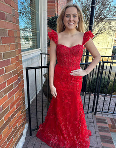 Red Mermaid Sweetheart Flutter Sleeve  Long Prom Dress With Appliques