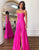 Hot Pink A Line Sweetheart Keyhole Pleated Prom Dress With Slit