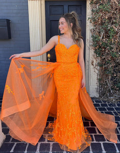 Orange Mermaid Sweetheart Lace Long Prom Dress With Appliques