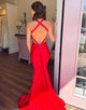 Red Mermaid Halter V-Neck Long Prom Dress