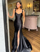 Black Mermaid Straps Floral Long Prom Dress With Slit