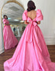 Pink A Line Square Bowknot Two Piece Long Prom Dress With Slit