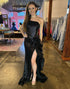 Black Sequin Mesh One Shoulder Ruffle Long Prom Dress with Slit