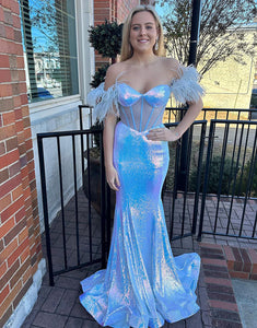 Blue Mermaid Sequin Corset Long Prom Dress With Feathers