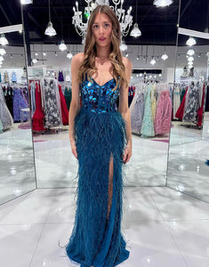 Tea Blue Mermaid Cut Mirror Sequin Prom Dress With Feathers