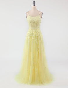 Yellow Prom Dress Spaghetti Straps Long Evening Dress