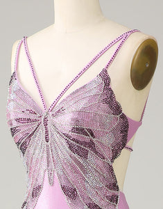 Purple Mermaid Backless Spaghetti Straps Butterflies Prom Dress