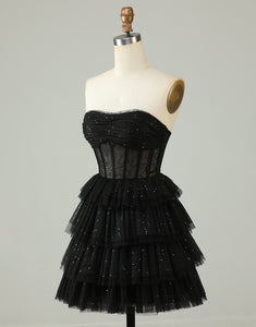 A Line Strapless Tulle Black Corset Homecoming Dress