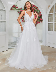 Ivory V-Neck Sweep Train Wedding Dress with Lace
