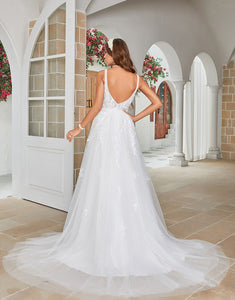 Ivory V-Neck Sweep Train Wedding Dress with Lace