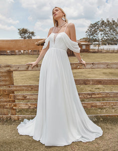 Off The Shoulder Ivory Boho Chiffon Ruched A Line Wedding Dress