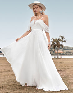 Off The Shoulder Ivory Boho Chiffon Ruched A Line Wedding Dress