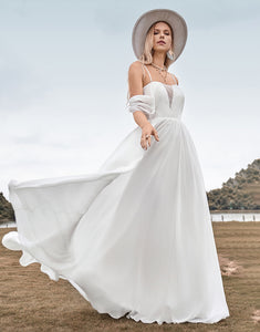 Off The Shoulder Ivory Boho Chiffon Ruched A Line Wedding Dress