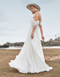 Off The Shoulder Ivory Boho Chiffon Ruched A Line Wedding Dress