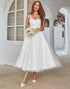 White Mid-Calf Tulle Wedding Dress with Lace